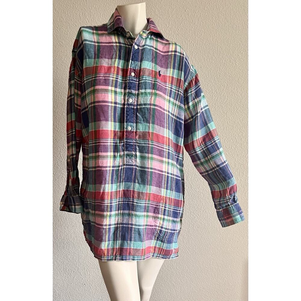 Polo Ralph Lauren Linen Madras Plaid Tunic Shirt Dress Cover Up Size 4 Coastal - Picture 11 of 16